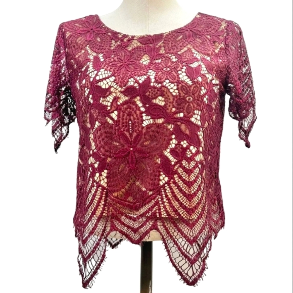 Express Wine Lace Overlay Lined Crop Top - Picture 2 of 9